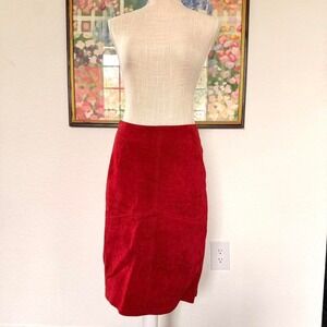 90s Red Leather Suede Midi Skirt